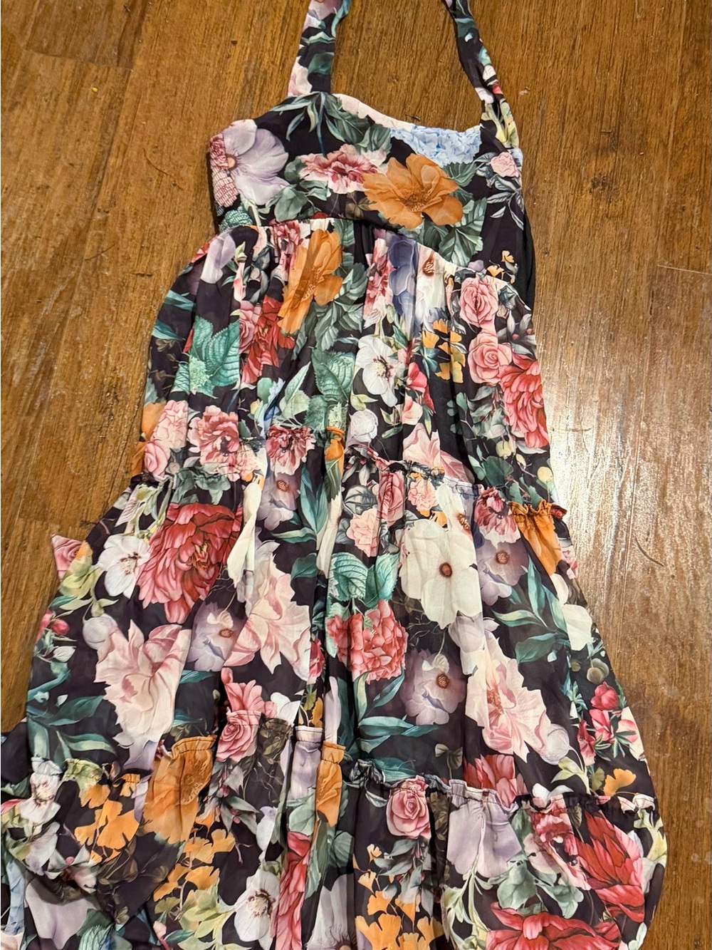 Baltic Born Black Floral Tiered Midi halter neck